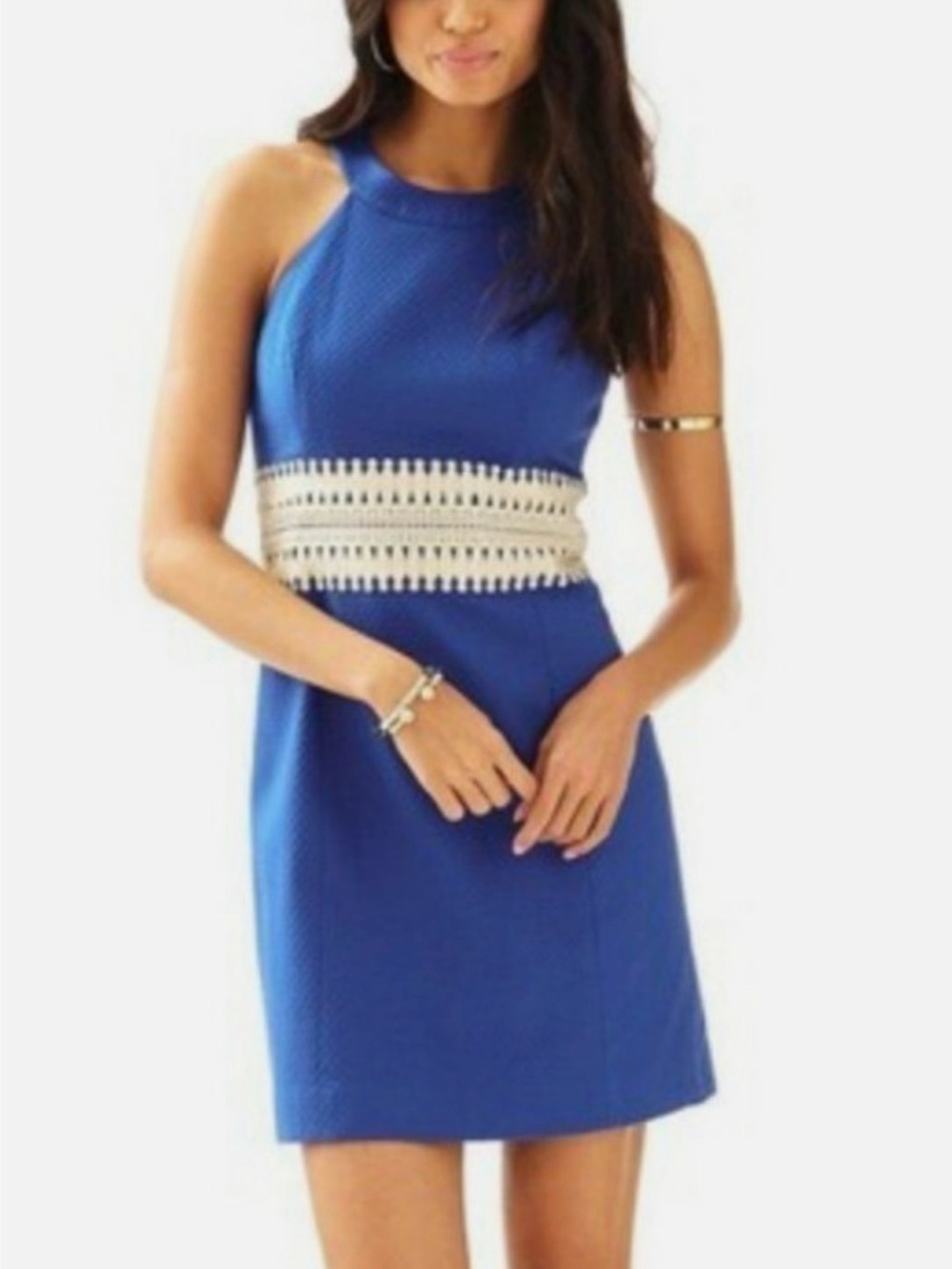 Lilly Pulitzer Ashlyn Bomber Blue Halter shift Dress gold lace embellishment